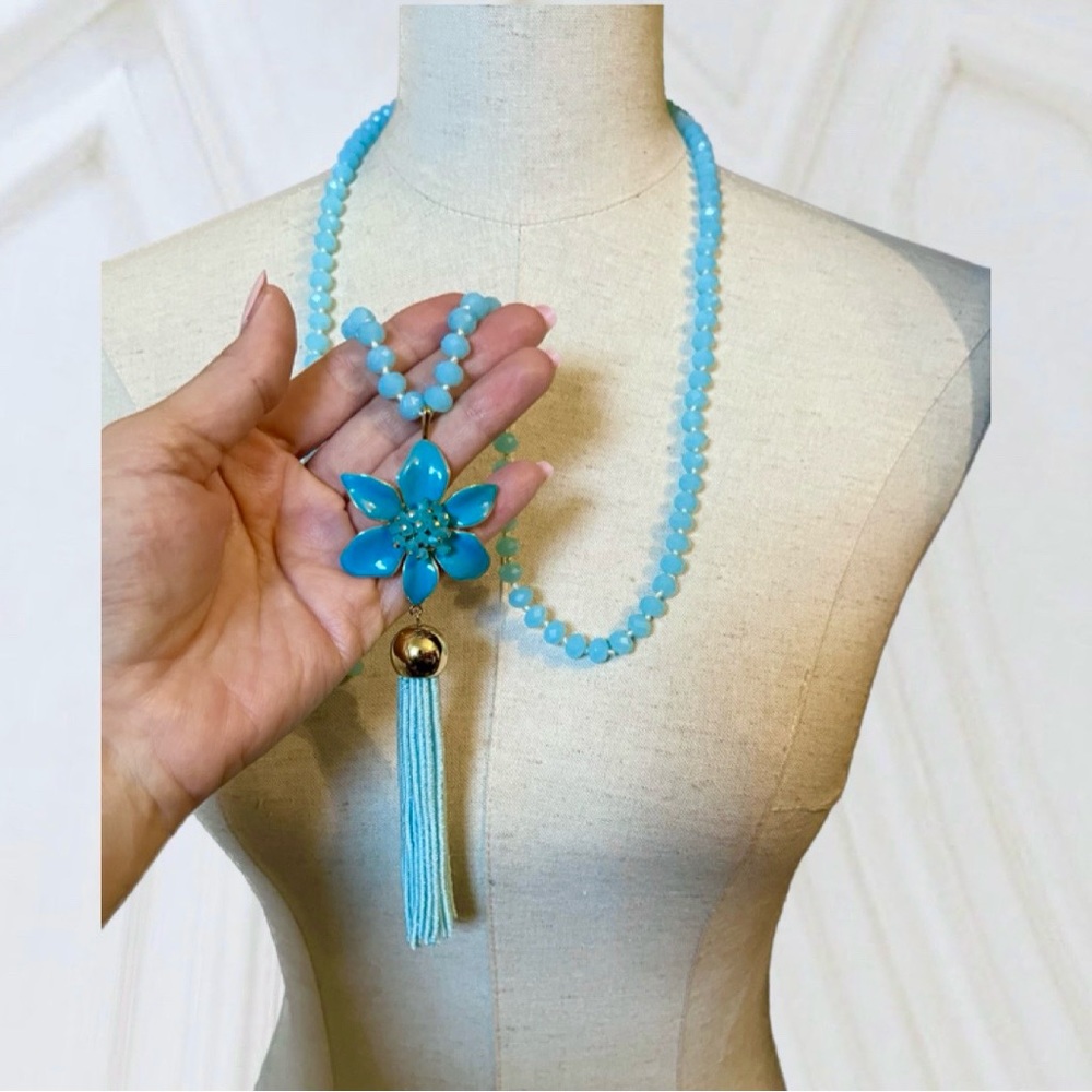 Kate Spade Turquoise Lovely Lillies Glass Beaded Beads Tassel Necklace